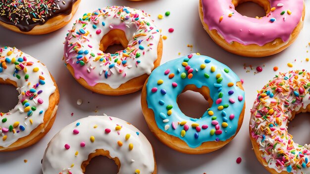 a bunch of donuts with colorful sprinkles on them