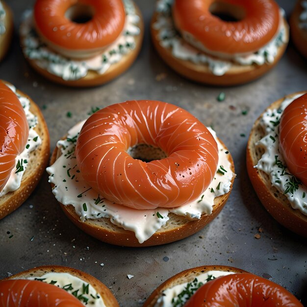 a bunch of donuts with cream cheese and green sprinkles on them