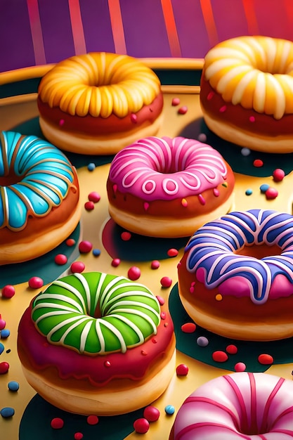 A bunch of donuts with different colored icing and sprinkles.