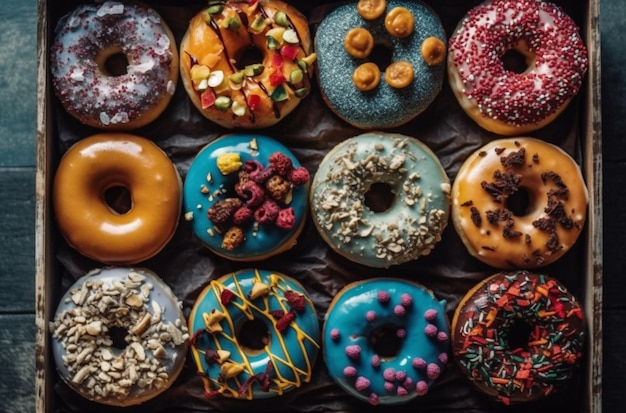 A bunch of donuts with different colors and one of them has a blue and red sprinkles.