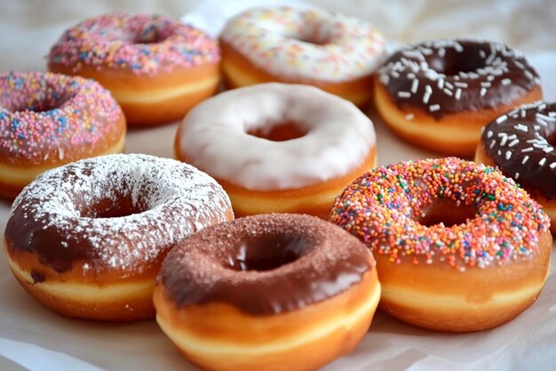 a bunch of donuts with different flavors including one with chocolate frosting and sprinkles