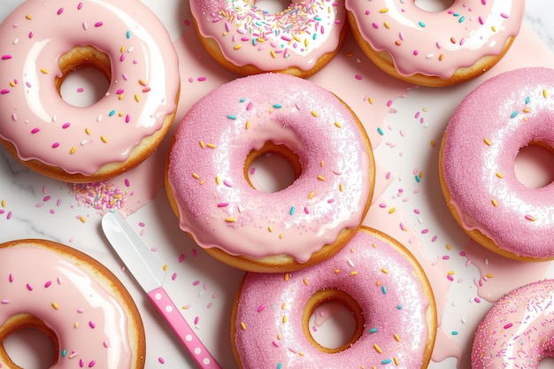 A bunch of donuts with pink frosting and sprinkles on them