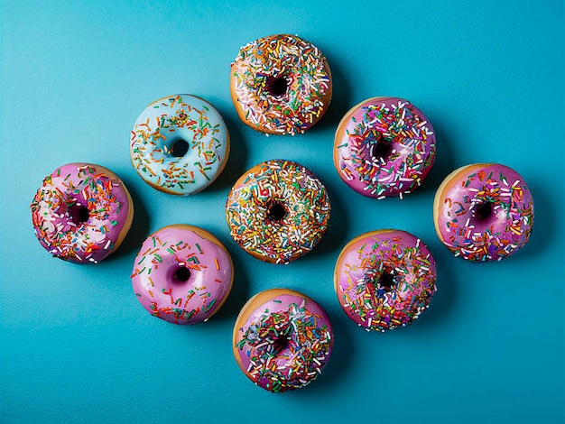 Photo a bunch of donuts with sprinkles on them are on a blue table