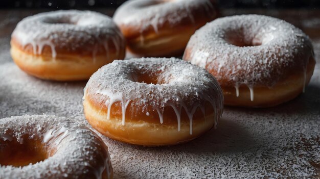 a bunch of doughnuts with frosting and powdered sugar on them