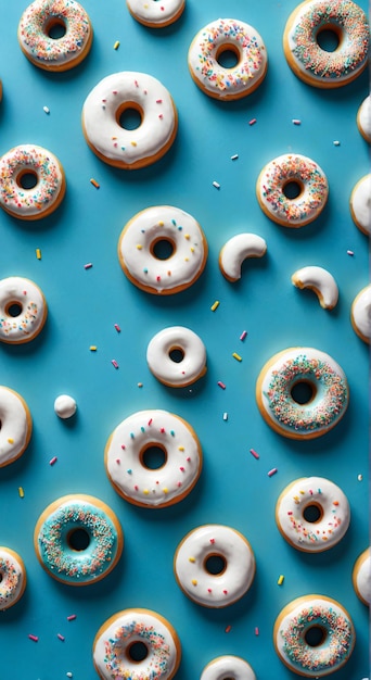 a bunch of doughnuts with sprinkles on them are on a blue background