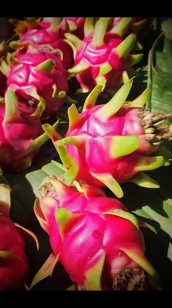 A bunch of dragon fruit with green and yellow tips.