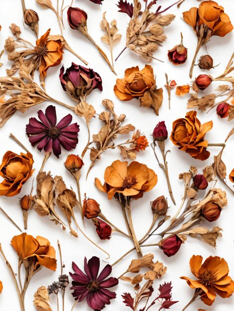 a bunch of dried flowers are on a white surface