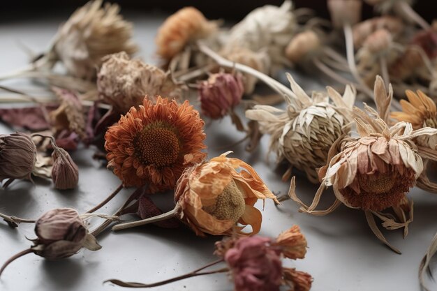 A bunch of dried flowers on a table