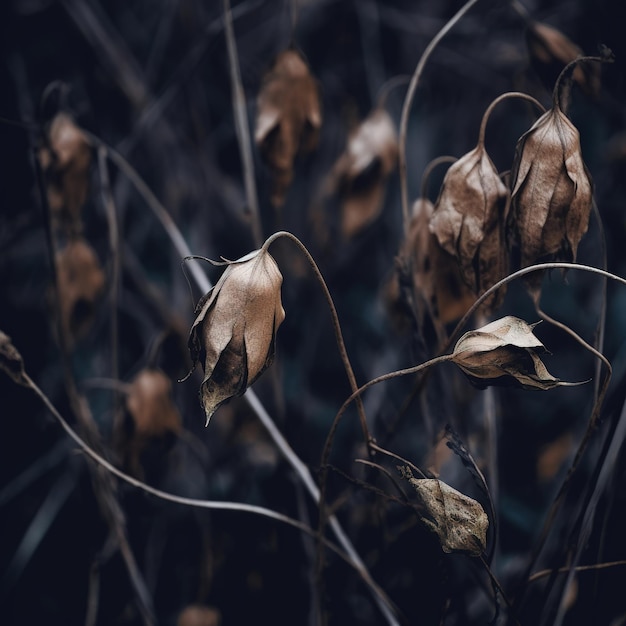 A bunch of dried flowers with the word " dead " on the bottom.