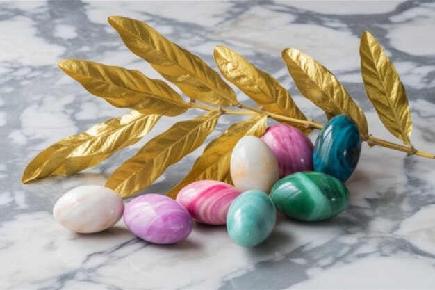 A bunch of easter eggs with gold leaves on a marble table