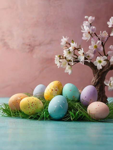 a bunch of easter eggs with a tree in the background