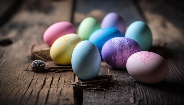 A bunch of easter eggs on a wooden table