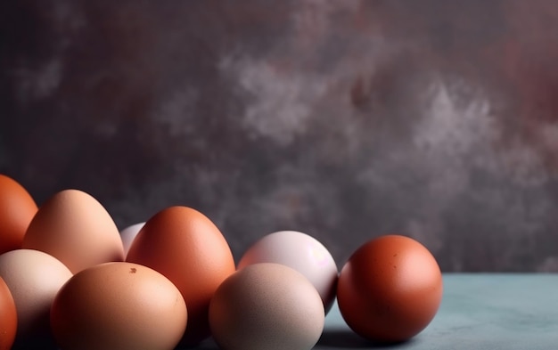 A bunch of eggs on a table with a dark background