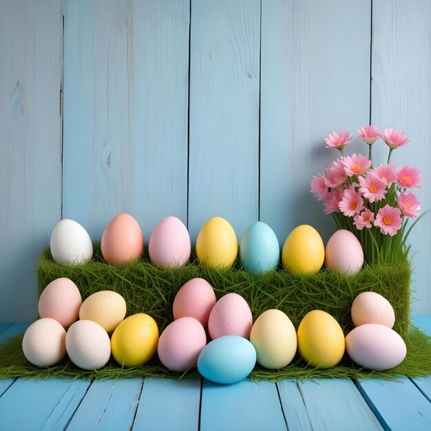 Photo a bunch of eggs with flowers in the background