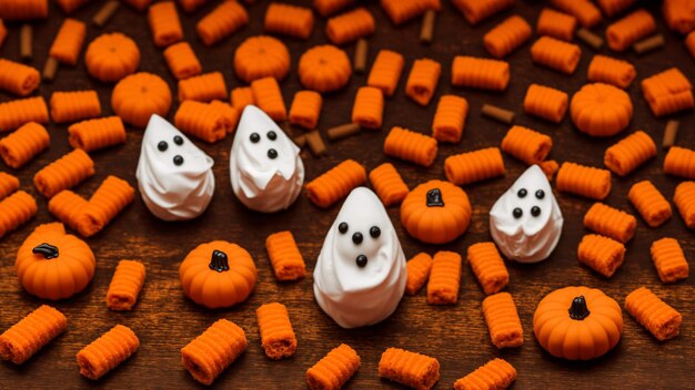 a bunch of fake carrots are on a wooden table with a pumpkin on top