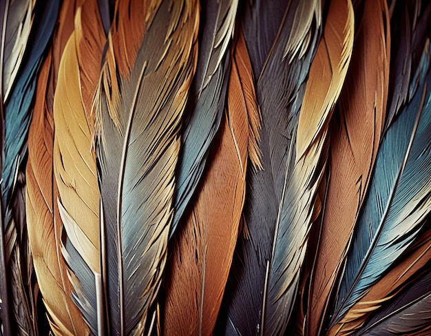 Photo a bunch of feathers with a blue and yellow color background