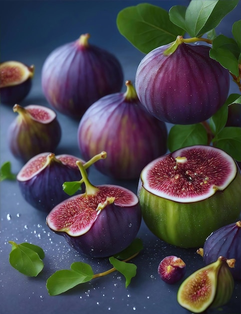 A bunch of figs with green leaves on a blue background.