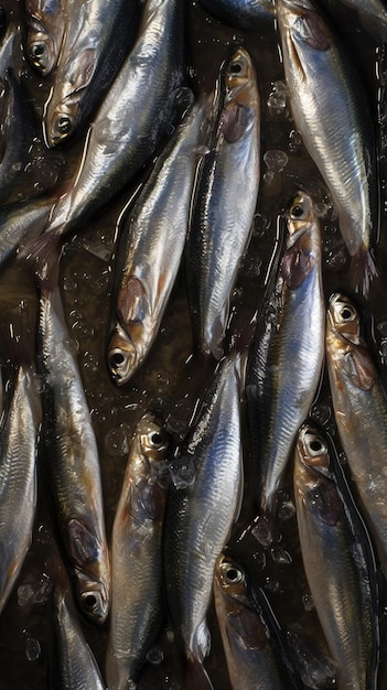 A bunch of fish are lined up in a bucket.