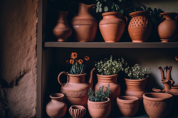 Bunch of flower vases and clay pots arranged on a shelf