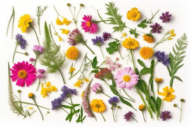 A bunch of flowers are arranged on a white background.