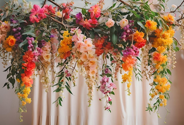 a bunch of flowers are hanging from a branch