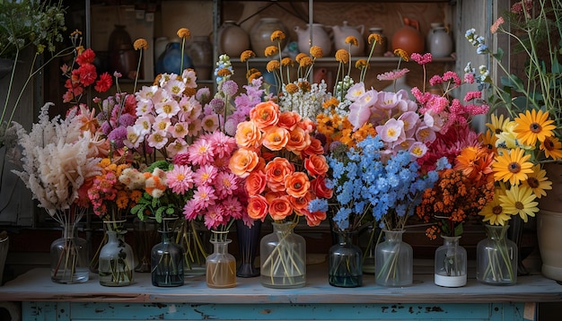 a bunch of flowers are on a shelf with one that says quot peace quot