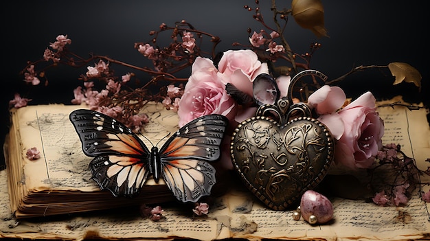 a bunch of flowers and butterflies on a book with a heart that says quot love quot