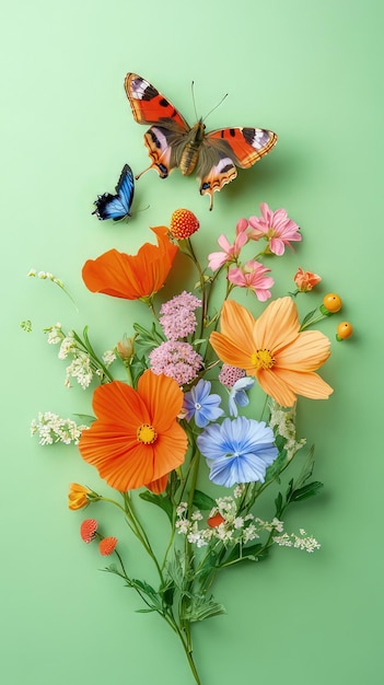 Photo a bunch of flowers and butterflies