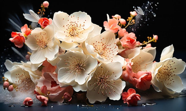 A bunch of flowers placed down against a white background