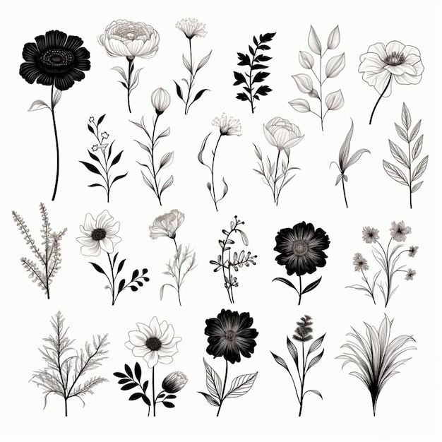 a bunch of flowers and plants drawn in black and white generative ai