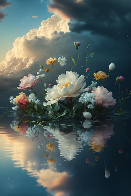 Bunch of flowers sitting on top of a body of water generative ai