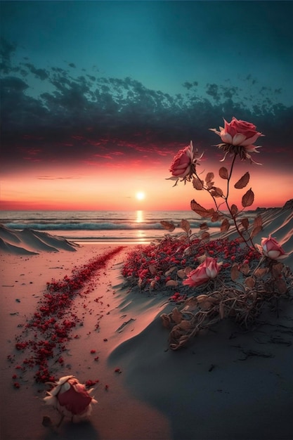 Bunch of flowers sitting on top of a sandy beach generative ai