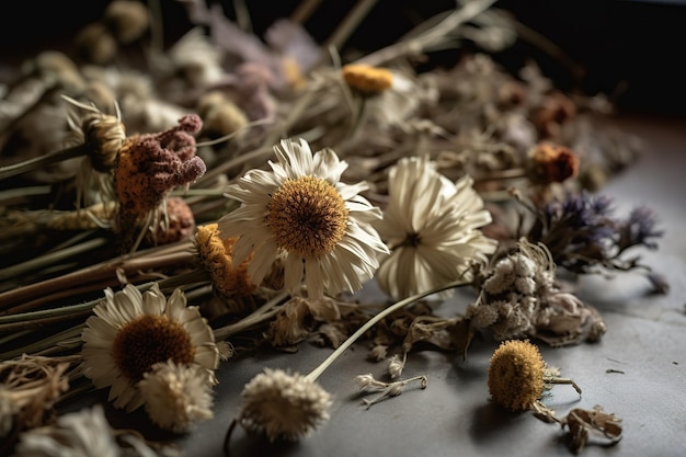 A bunch of flowers on a table with a black background