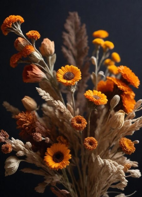 a bunch of flowers that are on a black background