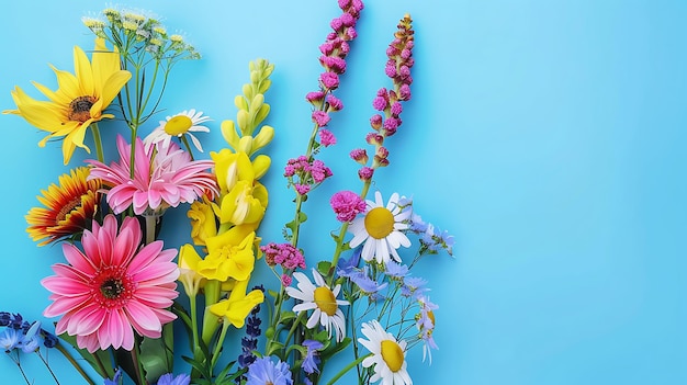 Photo a bunch of flowers that are on a blue background