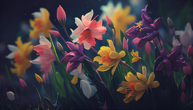 A bunch of flowers that are in the grass generative AI