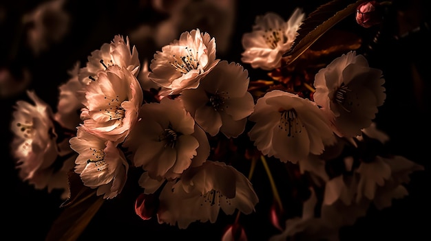 A bunch of flowers that are lit up in the dark