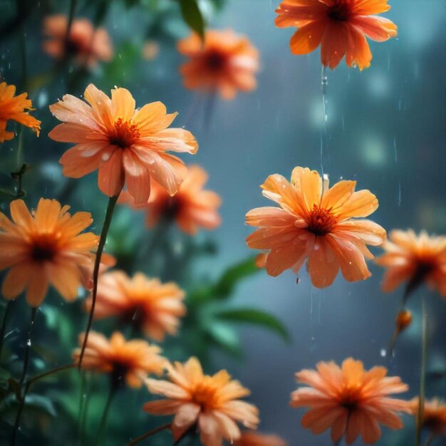 a bunch of flowers that are outside with rain drops