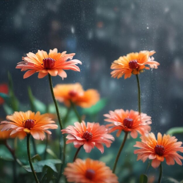 a bunch of flowers that are outside with rain drops