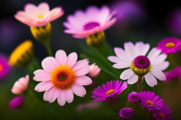 A bunch of flowers that are pink and purple