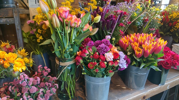 a bunch of flowers that are on a table