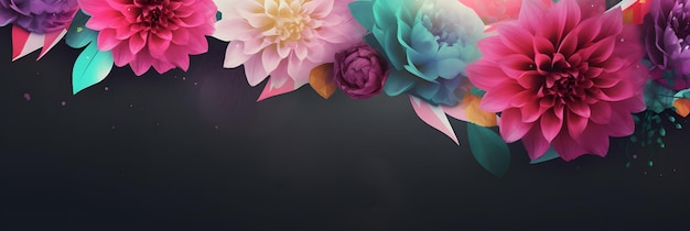 Bunch of flowers that are on top of black background with pink blue and yellow flower Generative AI