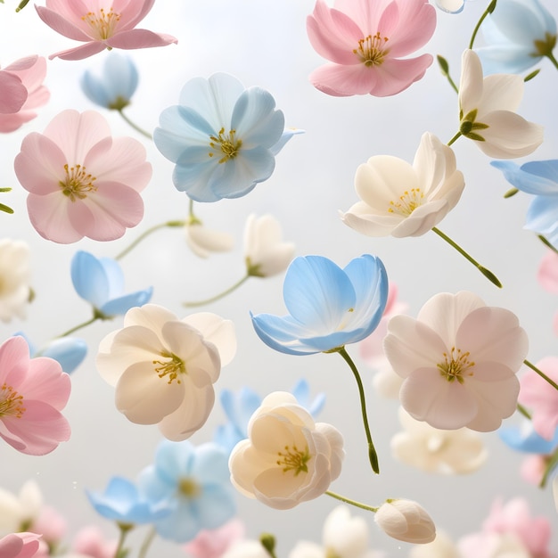 a bunch of flowers that are on a white background