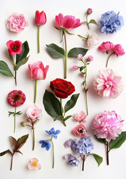 a bunch of flowers that are on a white background