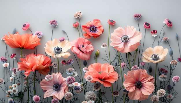 a bunch of flowers that are on a white background