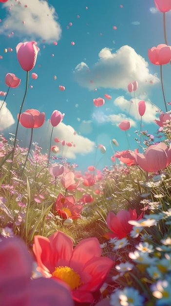 a bunch of flowers that say  balloons  in the sky