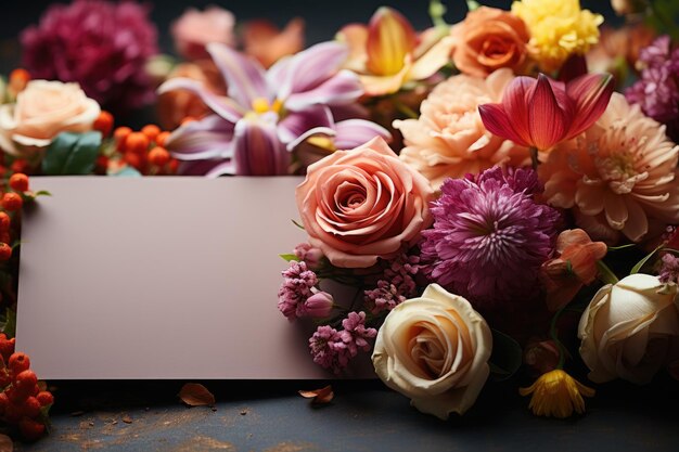 A bunch of flowers with a blank greeting card mockup on the table beautiful and colorful flowers de