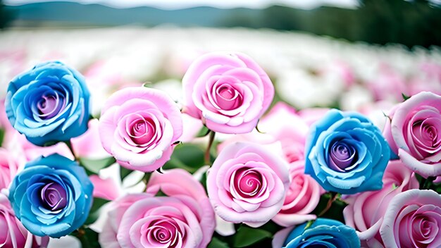 A bunch of flowers with blue and pink roses