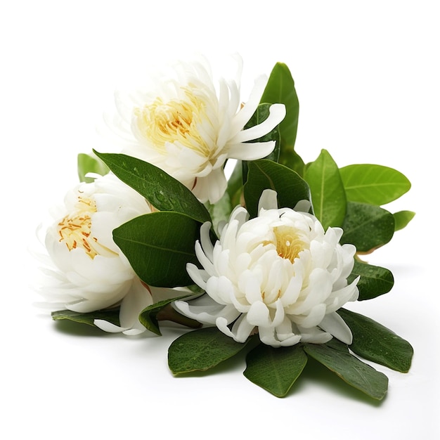 A bunch of flowers with green leaves on a white background