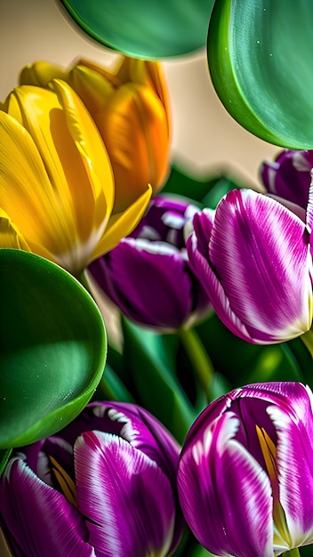 A bunch of flowers with one of them has a yellow and purple flower